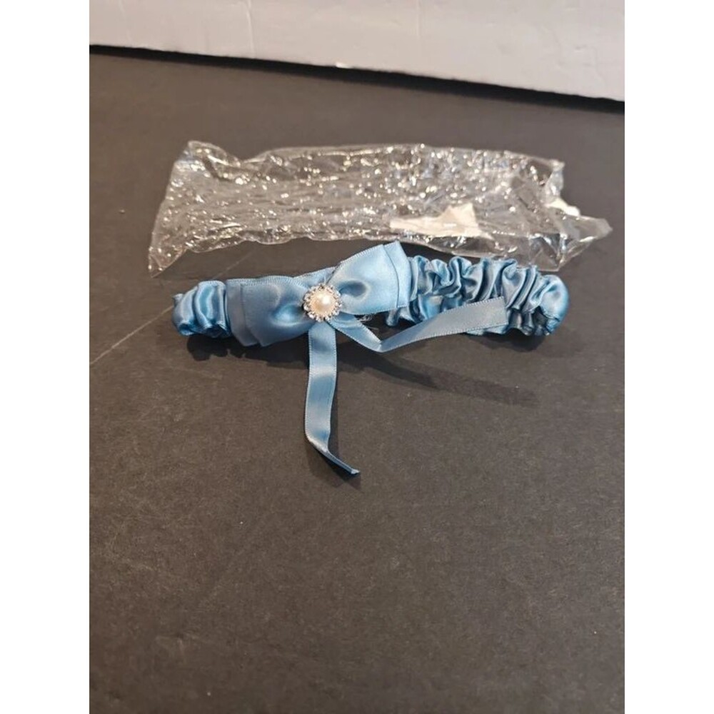 Light Blue Satin & Pearl Bridal Wedding Garter Set - Something Blue